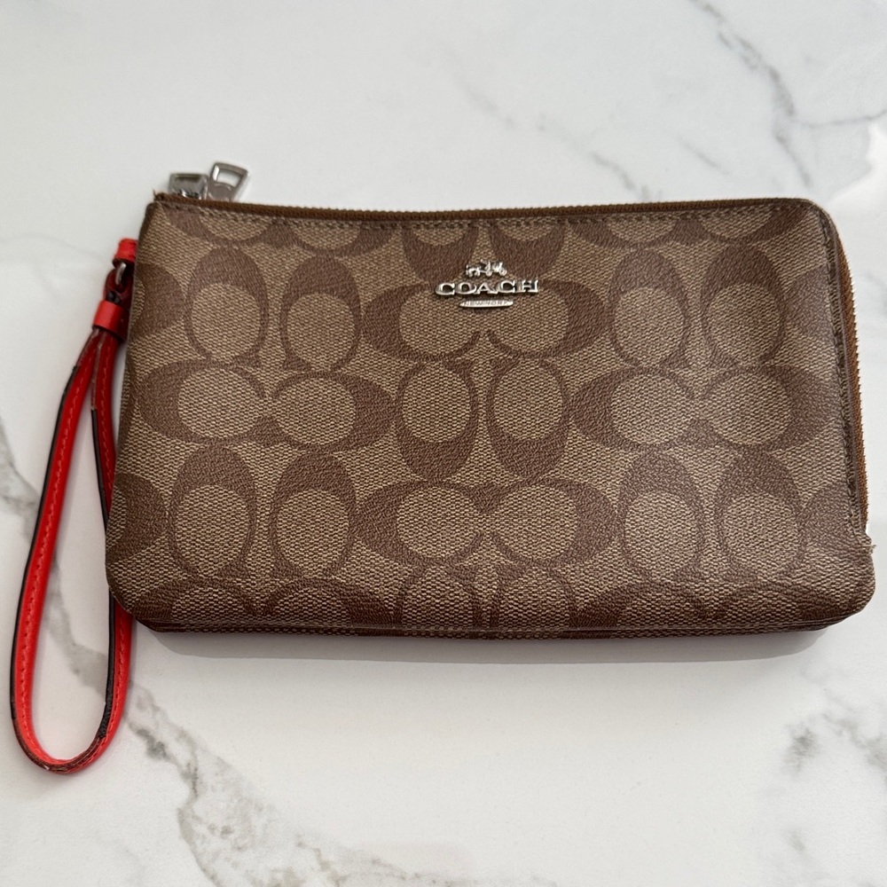 Coach  Double Zip Around Wallet Wristlet in Khaki and Orange F16109
